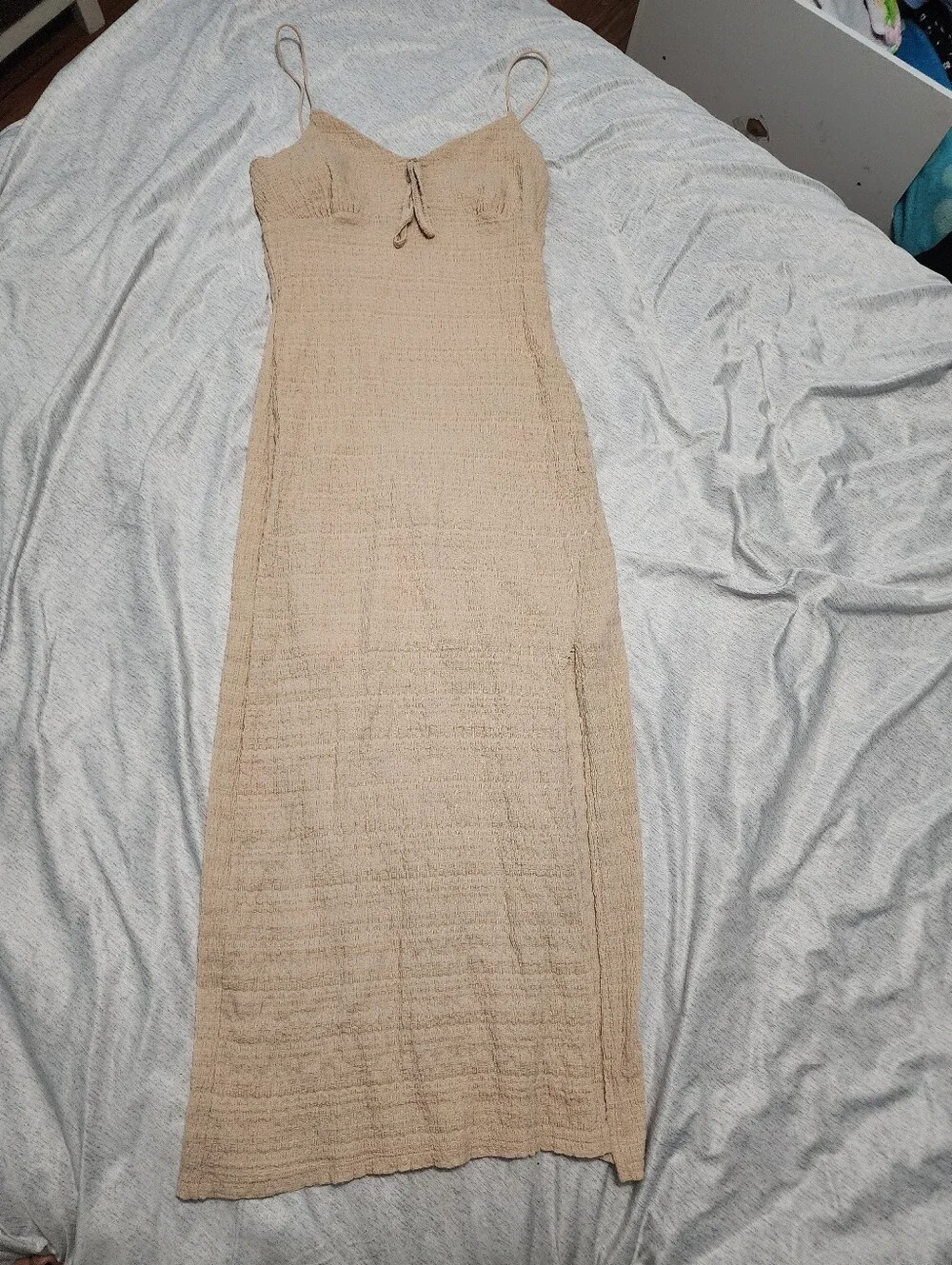 Tan Textured Spaghetti-Strap Maxi Dress